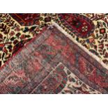 A Persian Kashan rug / carpet, hand-knotted with Boteh design field in shades of red, indigo, and