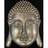 Silver coloured Buddha head wall plaque, 54cm long
