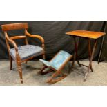 A Regency style mahogany elbow chair, 85cm high; a walnut campaign type side table, 73cm high x 51cm