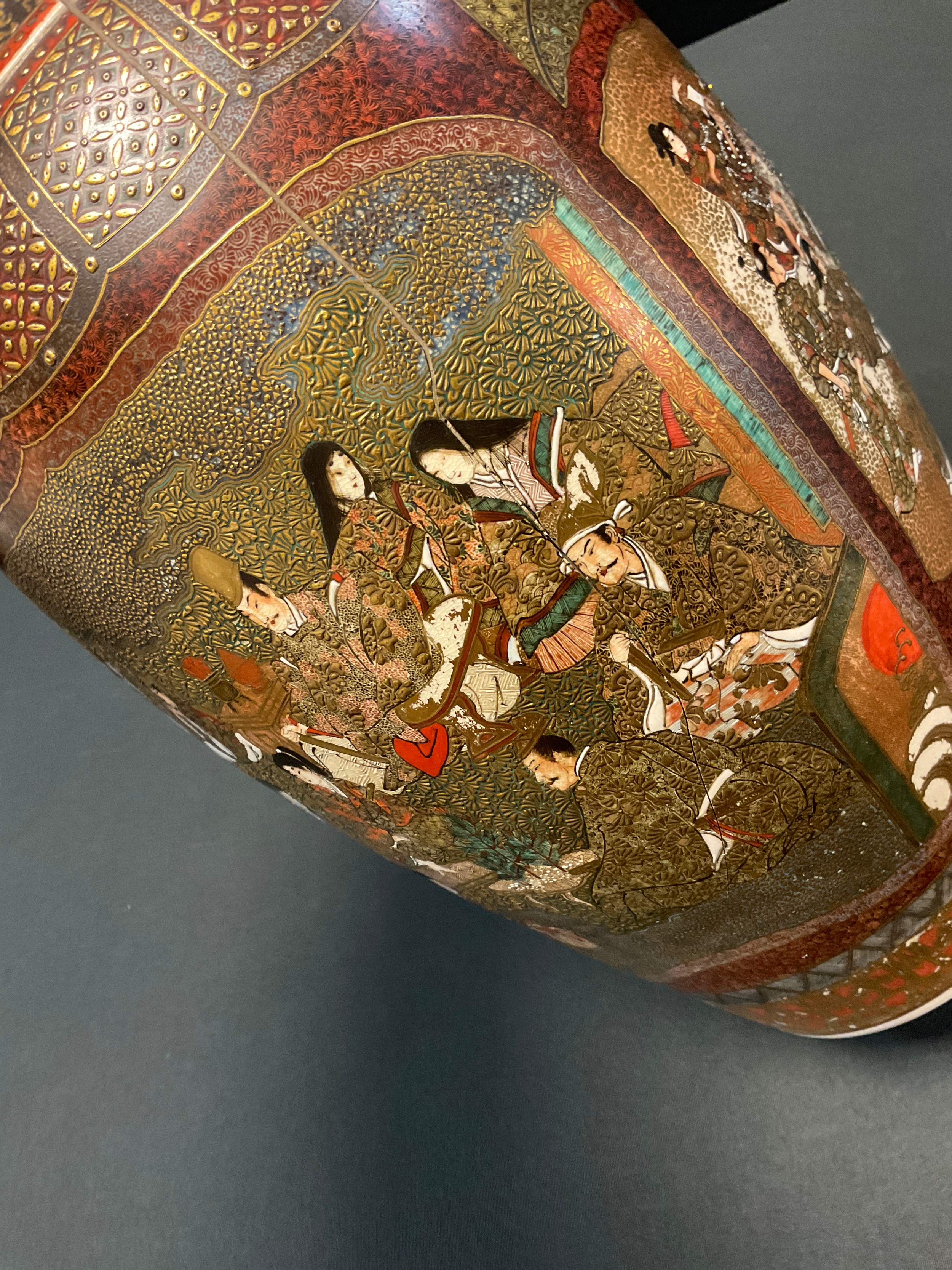 A Japanese Satsuma pottery Meiji vase, intricately decorated with traditional figure panels, - Image 6 of 6