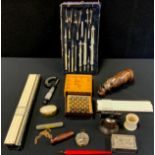 A miniature travel chess set; micrometre, draughtsman's drawing set; slide rule; bone map viewer etc