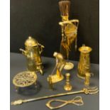 A Brass Kaffeekanne coffee pot; brass companion set, jug etc