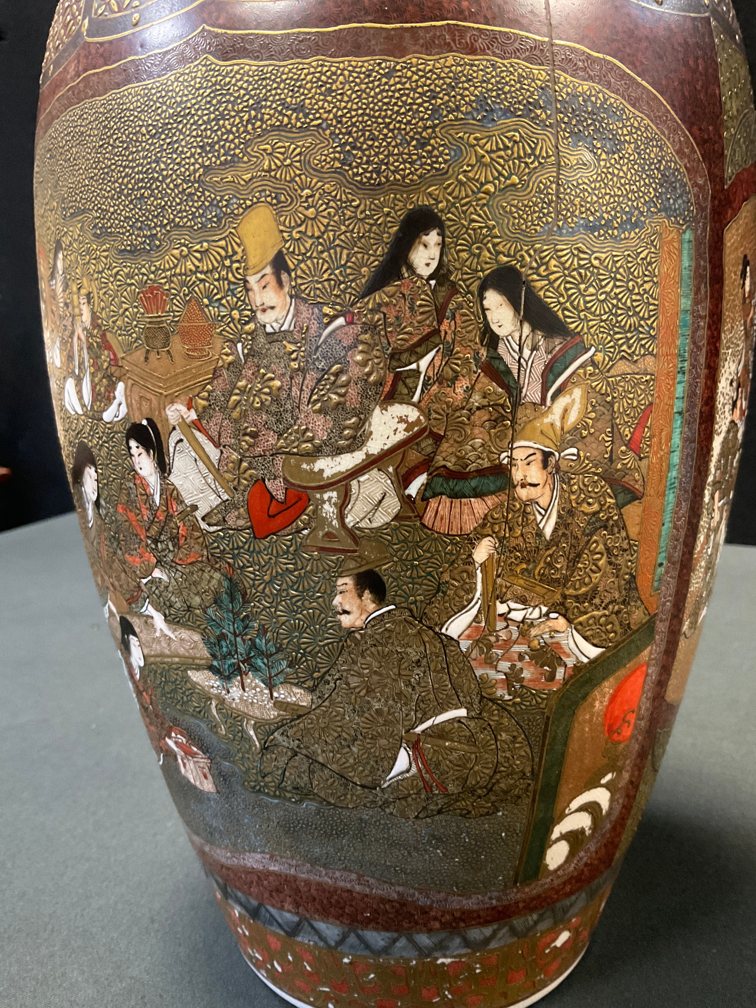 A Japanese Satsuma pottery Meiji vase, intricately decorated with traditional figure panels, - Image 3 of 6