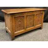 A small Titchmarsh and Goodwin style oak three-panel blanket chest / coffer, 48cm high x 87cm x 36.
