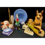 Ceramics & Glass - a large painted chalk model Alsatian dog; glass bottles, Clown; bowl; figures etc