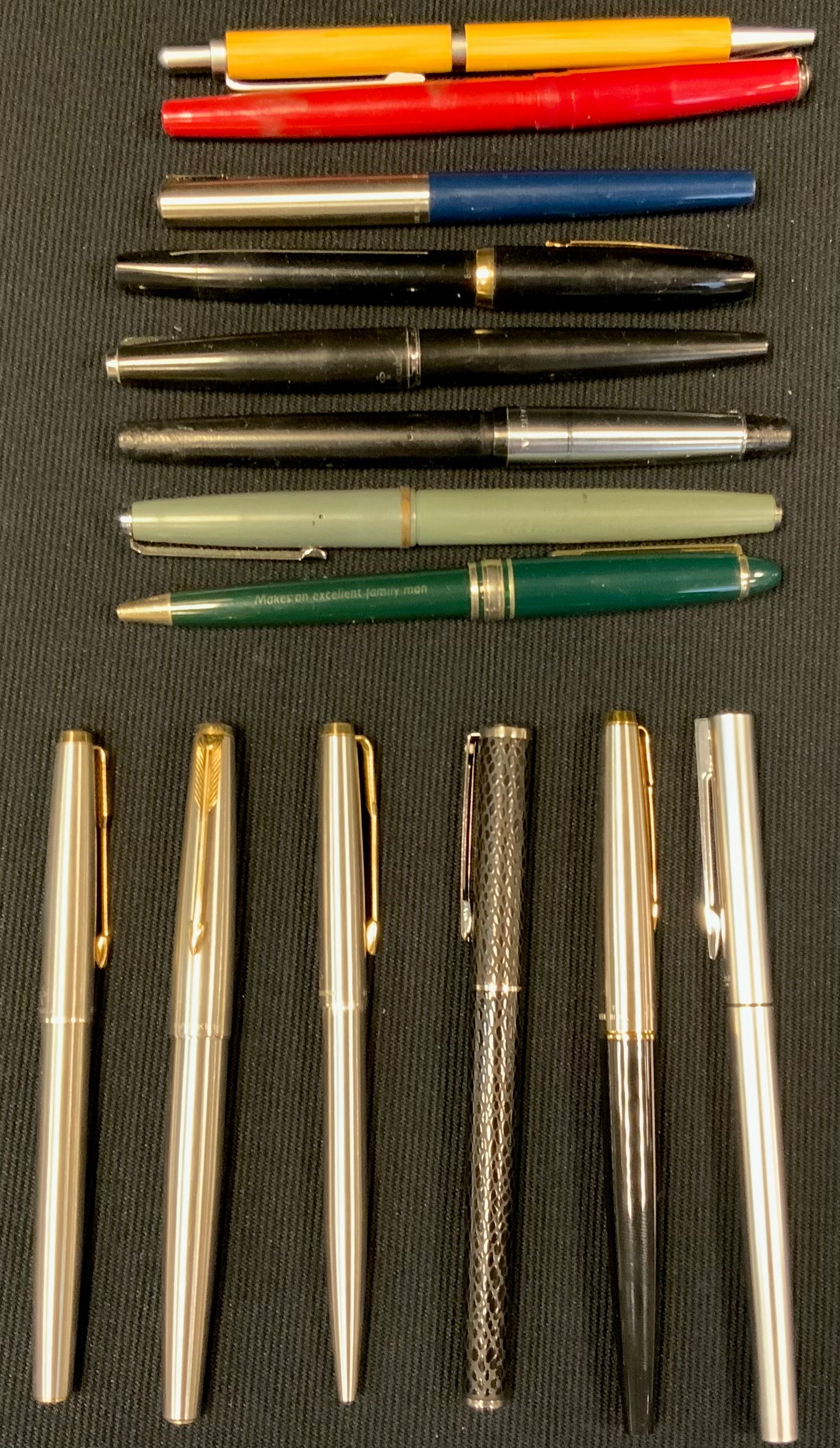 Pens - a Sheaffer black latticed fountain pen, cased; others Parker fountain, roller ball and biro