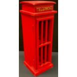 Wooden red telephone box cabinet, with hinged magnetic door, 52cm