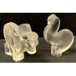 Lalique - a Chinese Zodiac frosted glass figure, Rooster, 8.5cm high; another Ox, 7.8cm high, both