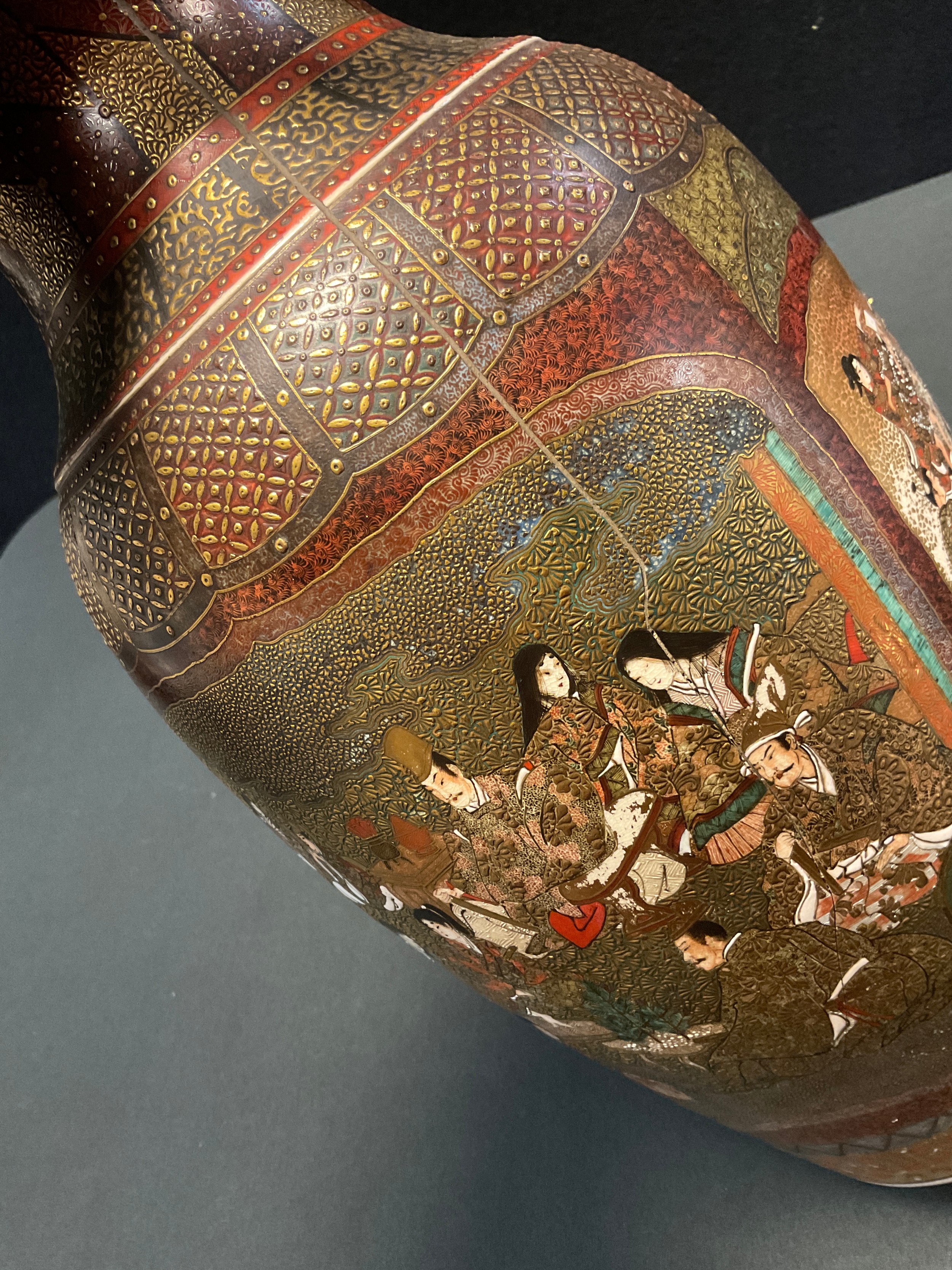 A Japanese Satsuma pottery Meiji vase, intricately decorated with traditional figure panels, - Image 5 of 6