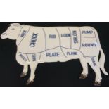 A reproduction butcher’s enamelled sign of a cow showing the cuts of meat, approx 50cm high x 80cm