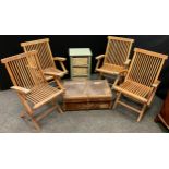 A set of four hardwood collapsible garden / deck chairs; a small wicker and painted wood drawer