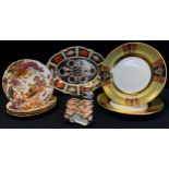 Royal Crown Derby oval footed bowl, acorn handles, 28.5cm x 20cm; pair of Veronese pattern plates;