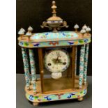 A 19th century style bronze and champleve enamel four glass mantel clock, urn finial, floral case,