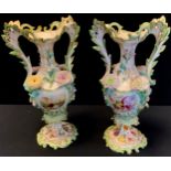 A pair of 19th century Rockingham porcelain twin handled vase, painted with landscape and floral