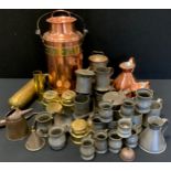 A brass bound copper milk churn; haystack jugs; pewter measures, ale mugs, etc qty