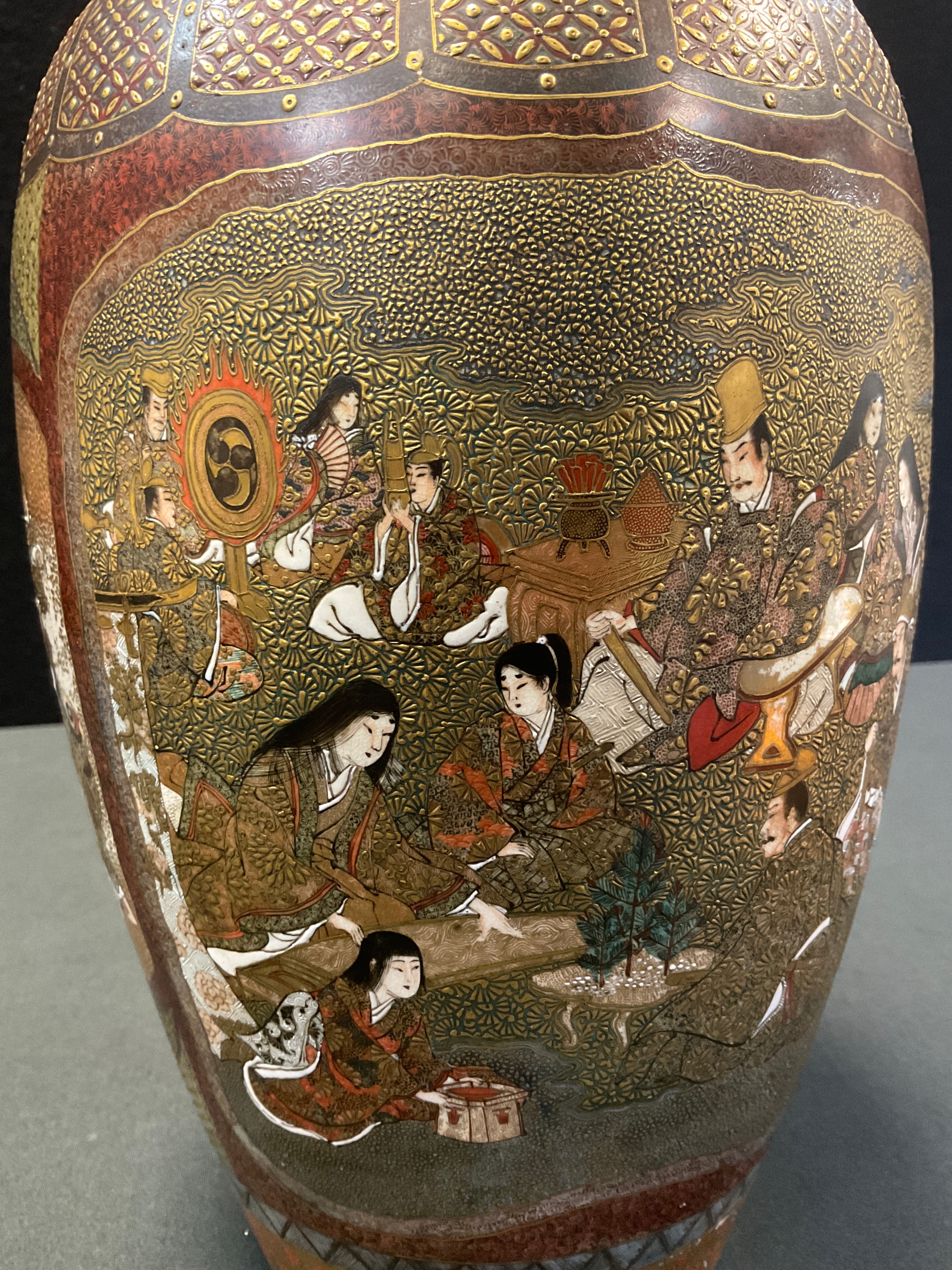 A Japanese Satsuma pottery Meiji vase, intricately decorated with traditional figure panels, - Image 2 of 6