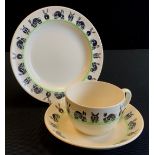 An unusual Daisy Makeig Jones Wedgwood Rabbits pattern trio, cup, saucer and side plate, printed