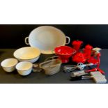 Kitchenalia - Large white enamel bowl, others conforming; red enamel kitchenalia including coffee