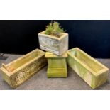 A pair of reconstituted stone rectangular planters, cast congregation fronts, approx 21cm high,