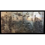 Four modern illustrated Chinese metal panels, 10x5cm