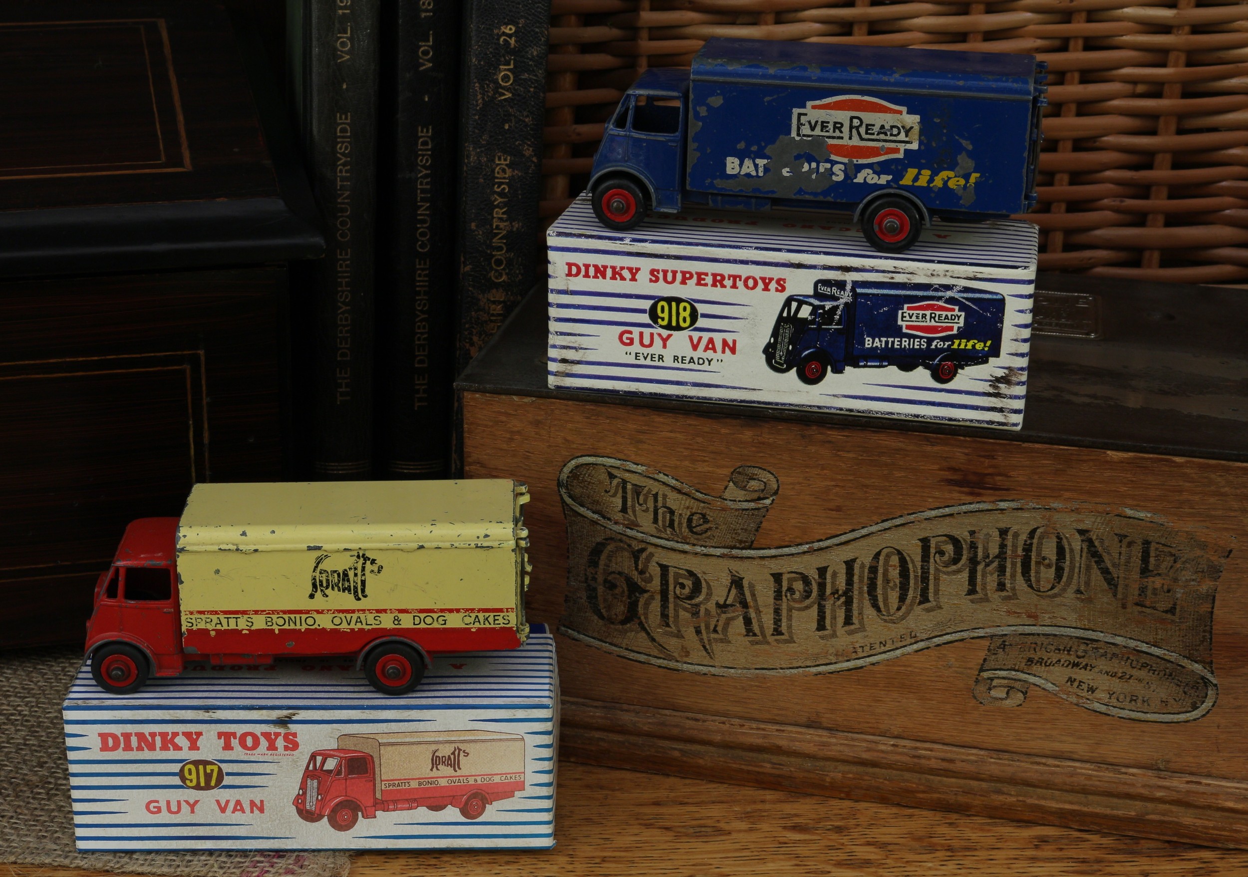 Dinky Toys 917 Guy van, red cab, chassis and wheel arches, cream and red van with 'SPRATTS, SPRATT's