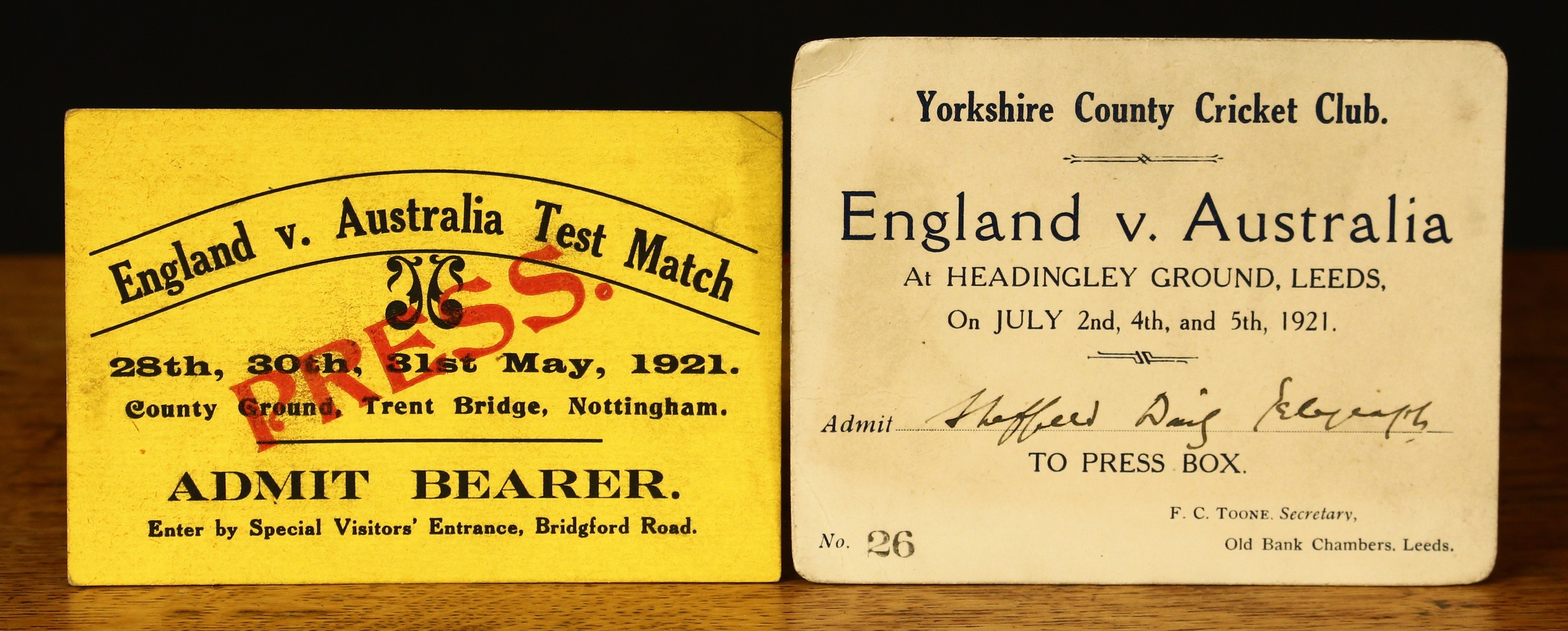 Sport, Cricket - a press ticket for the First Test Match, England v Australia, 28th, 30th and 31st