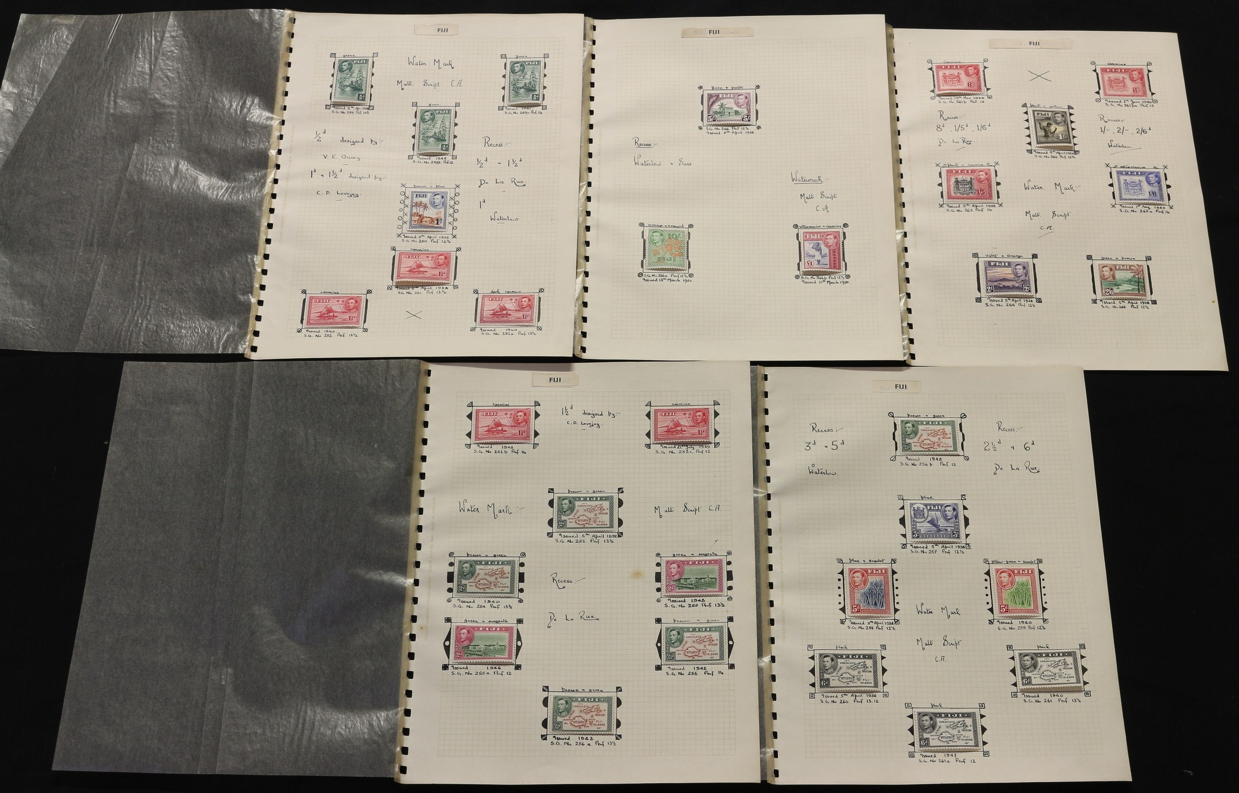 Stamps - KGVI Fiji 1938 - 1955, extended set of 32 UMM/MM written up in pages, cat value £360 stated