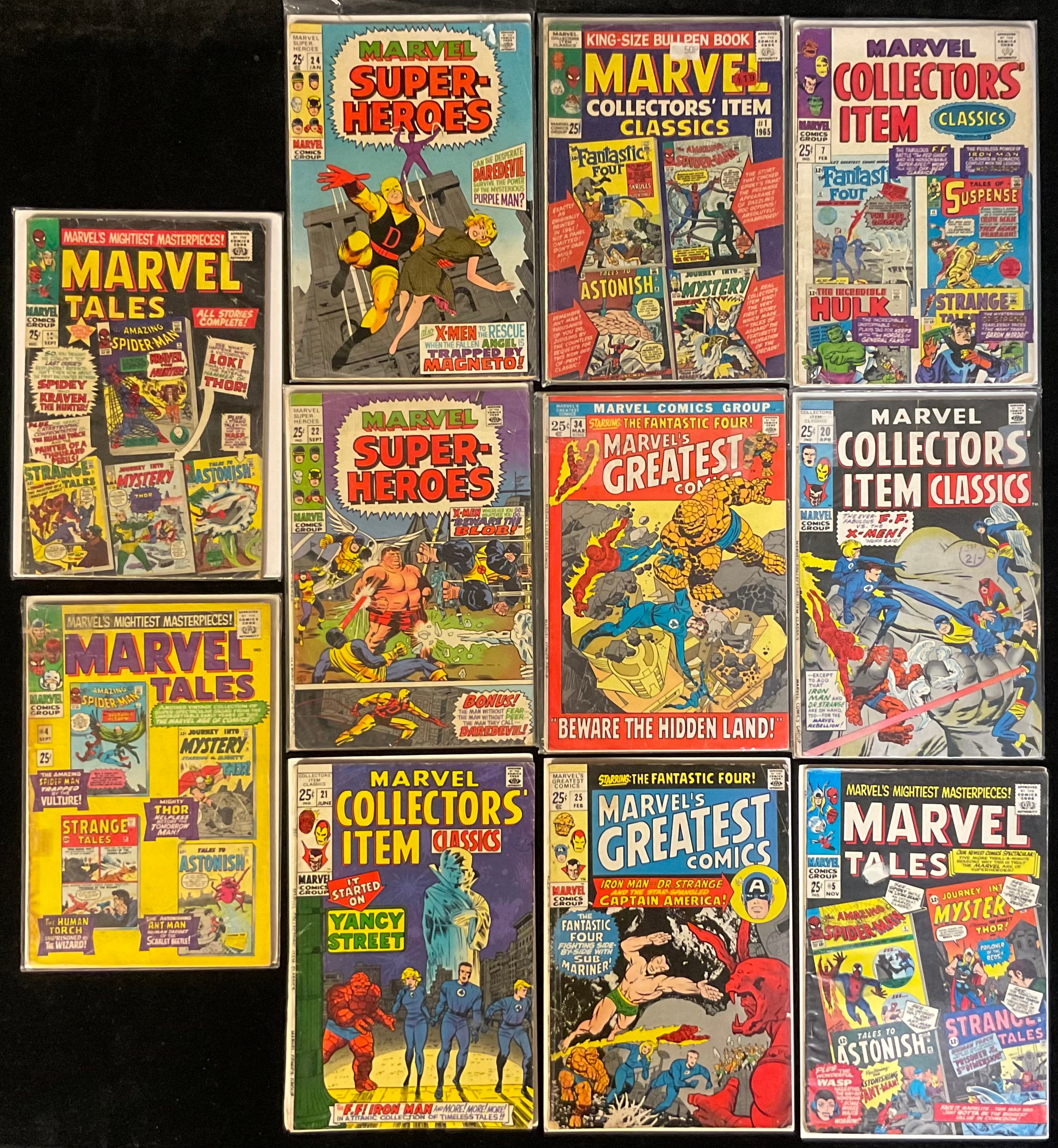 10 Bronze Age Marvel Comics. Marvel Collectors Item Classics #1, #7, 20, 21. Marvel Tales #4, #5, #