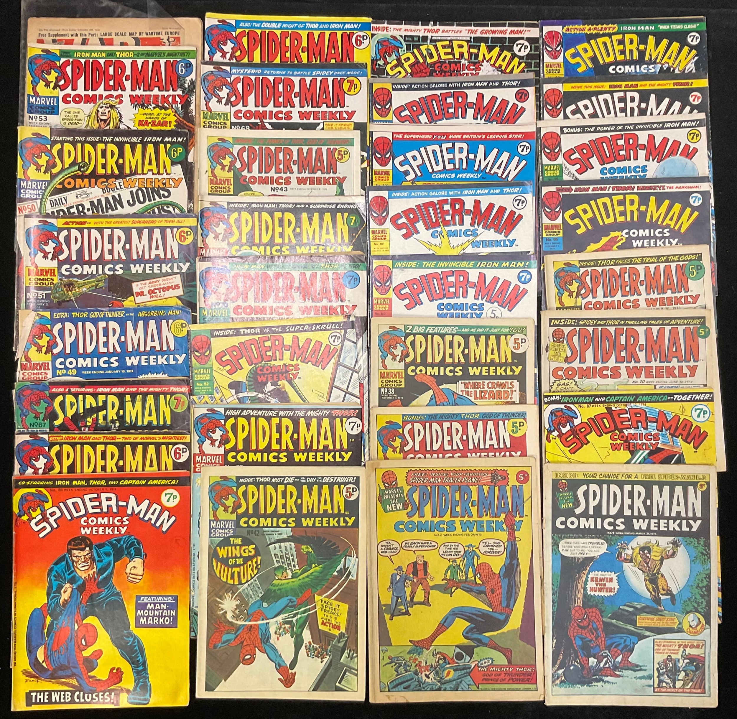32 Spider-Man comics weekly from 1970s, including #2 (1973). Approx condition VG-FN. Bronze Age