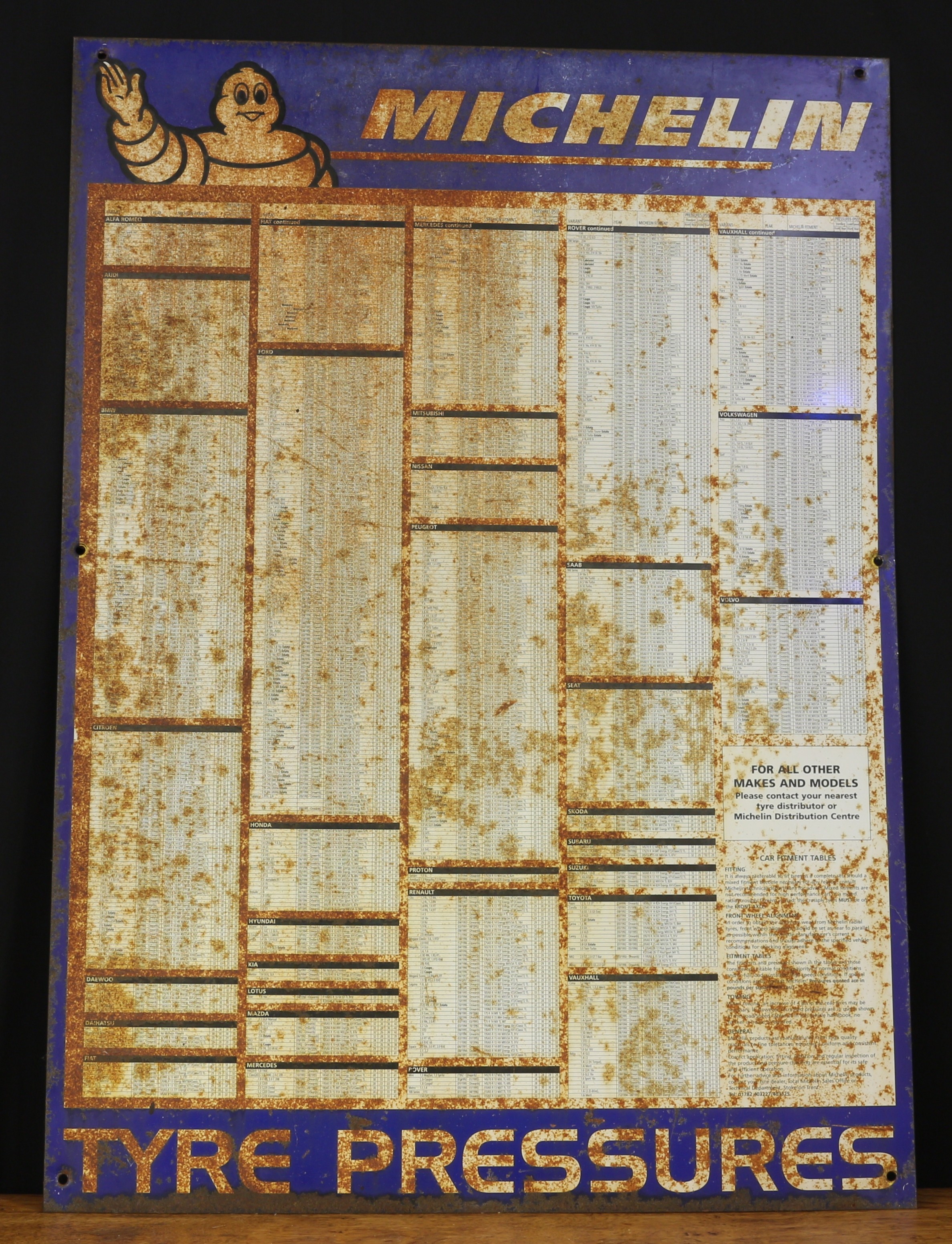 Advertising - a rectangular shaped pictorial tin sign, 'MICHELIN TYRE PRESSURES', 86.5cm high, 62.