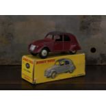 Dinky Toys (France) 24T Citoren 2 CV., maroon red body, black roof, cream ridged hubs, boxed