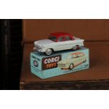 Corgi Toys 207 Standard Vanguard III saloon, two tone pale green and red body, stickers applied to