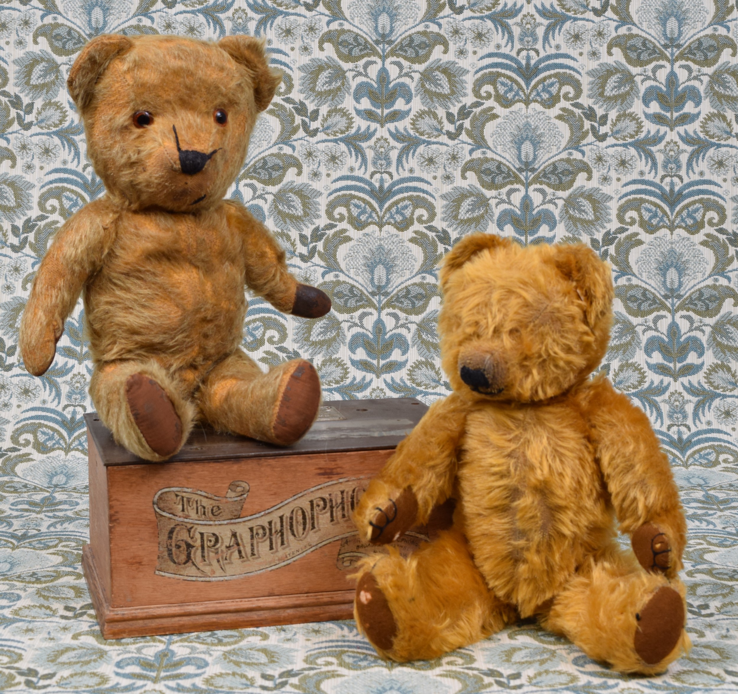 A 1940's/1950's golden mohair jointed teddy bear, amber and black plastic eyes, pronounced snout