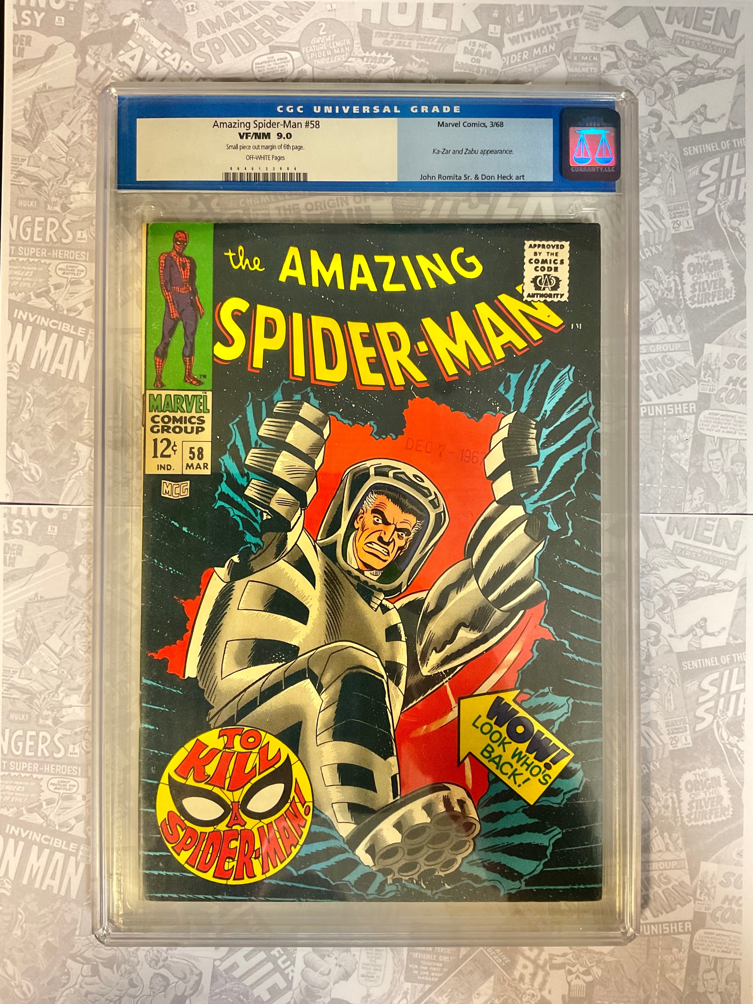 Amazing Spider-Man #58 (1968) CGC Graded 9.0 VFN / NM. John Romita Snr artwork. Silver Age Marvel