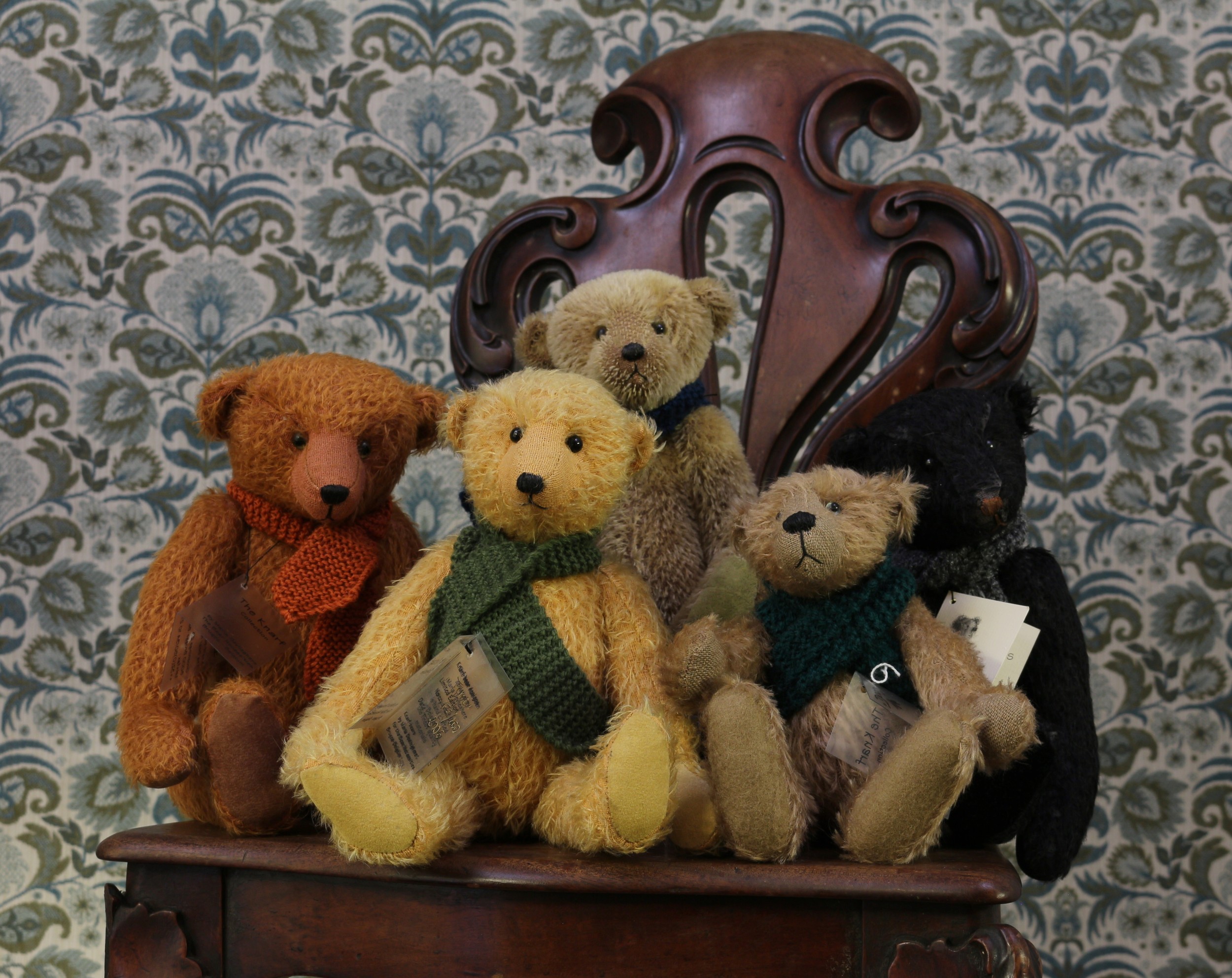 A collection of The Bear Necessities (Bruges, Belgium) Artist teddy bears by Maria Devlieghere, from