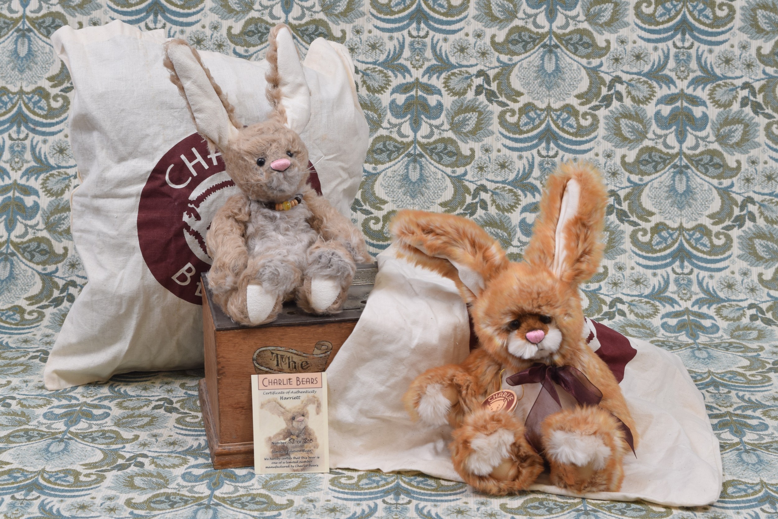 Charlie Bears CB073405 Harriett Rabbit, 30cm high with cardboard tags and Charlie Bears tote bag;