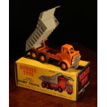 Budgie Toys No.226 dump truck, orange cab and chassis with grey tipping piece, orange ribbed hubs,