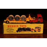 Budgie Toys No.232 heavy-duty articulated low loader with cable drums, red cab, deep yellow/orange