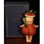 An R.John Wright miniature Kewpie Pumpkin felt doll, cardboard tag to reverse, 18cm high, boxed,