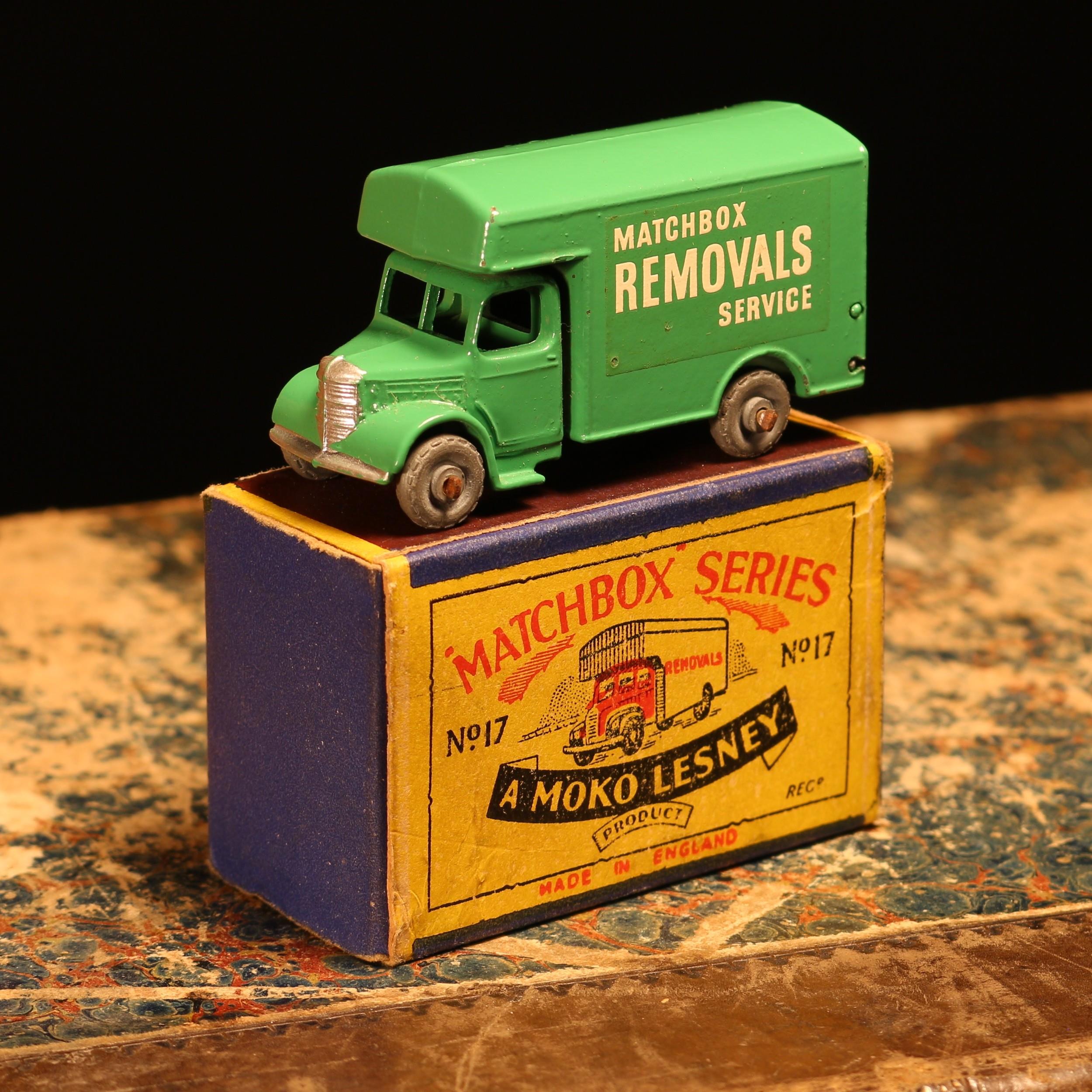 Matchbox '1-75' series diecast model 17a Bedford Removals van, green cab and body with white '