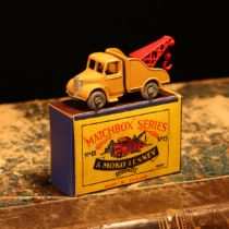 Matchbox '1-75' series diecast model 13a Bedford wreck truck, tan body with red crane and hook,