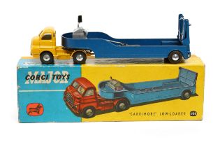 Corgi Major Toys 1100 "Carrimore" low-loader, yellow cab, metallic blue low loader, flat spun