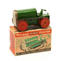 Tri-ang Minic (Lines Brothers) tinplate and clockwork 26M tractor, green body with red wooden wheels