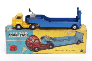 Corgi Major Toys 1100 "Carrimore" low-loader, yellow cab, metallic blue low loader, flat spun