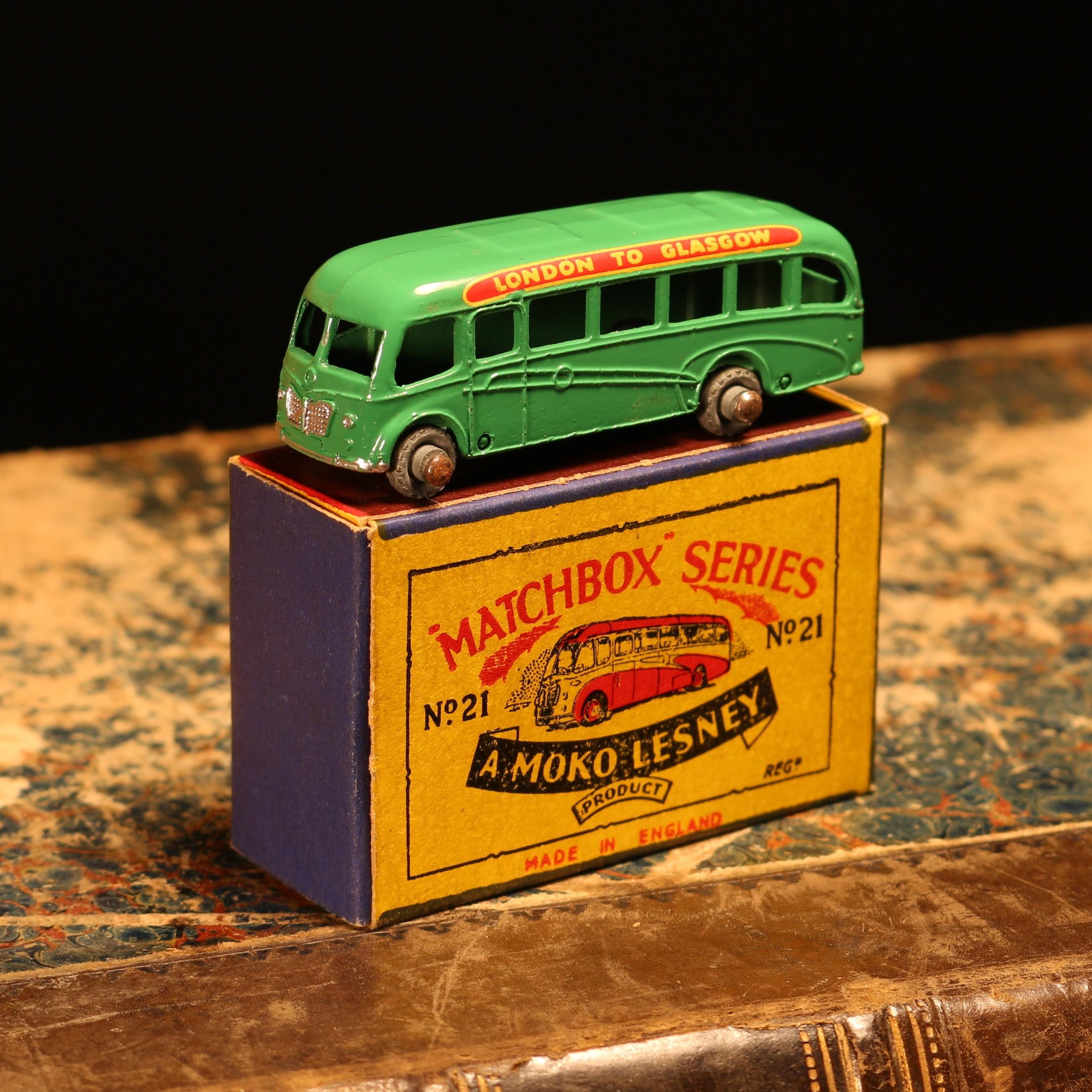 Matchbox '1-75' series diecast model 21a Bedford coach, green body and base, red and yellow '