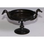 A 19th century French dark patinated bronze pedestal tazza, cast to the centre with a a relief bust,