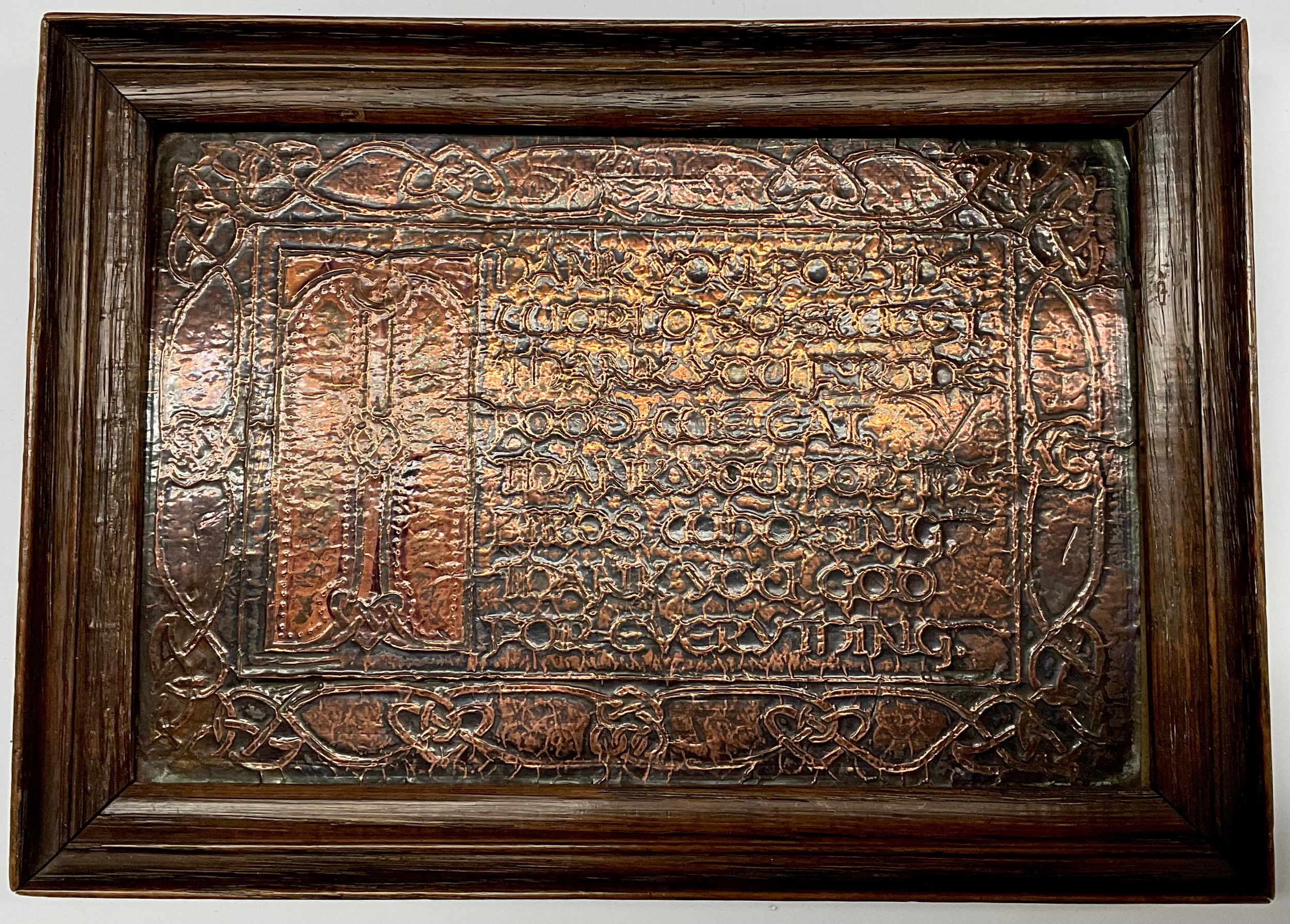 An Arts and Crafts carved oak blotter, 32cm x 27cm; a copper plaque, Thank You For The World So - Image 2 of 2