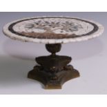 A Grand Tour style bronze and mosaic miniature centre table, the associated top worked in white