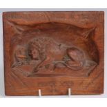 A 19th century Grand Tour panel, carved after Bertel Thorvaldsen with the Lion of Lucerne, 15cm x