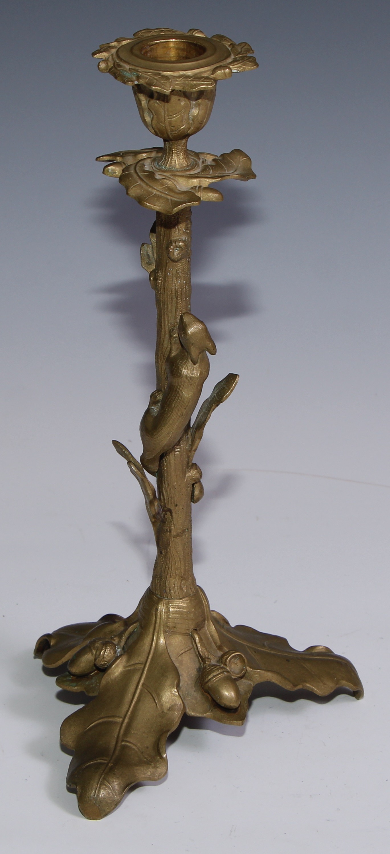 A pair of French gilt bronze candlesticks, cast with fruiting oak, each with a squirrel scaling - Image 3 of 5